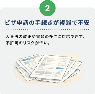 2 ビザ申請の手続きが複雑で不安。入管法の改正や書類の多さに対応できず、不許可のリスクが怖い。