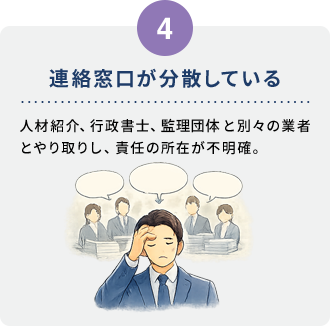 4 連絡窓口が分散している。人材紹介、行政書士、監理団体と別々の業者とやり取りし、責任の所在が不明確。